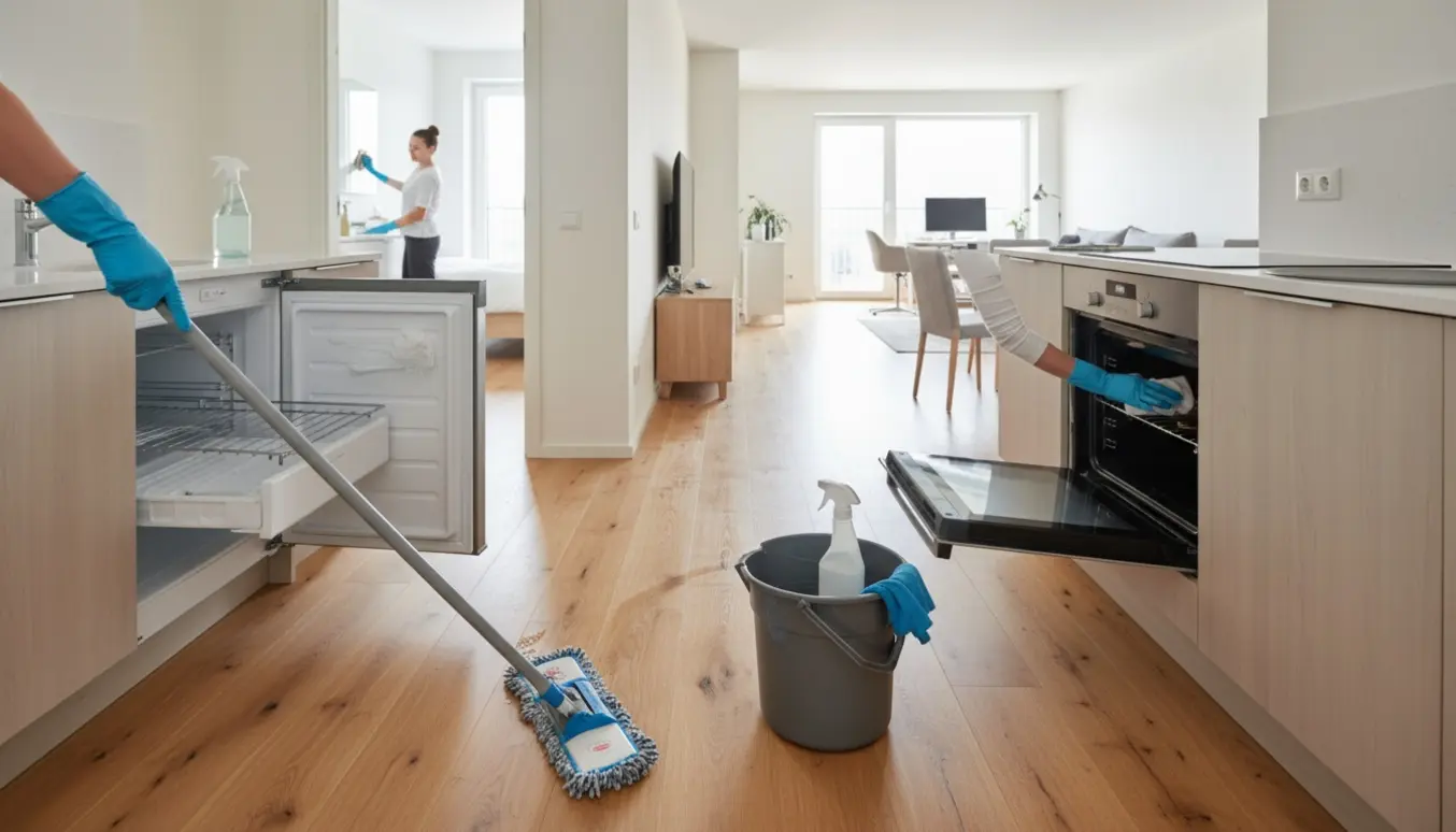 Flytterengøring i en moderne lejlighed med gulvvask, åben ovn og indbygget fryser under rengøring.