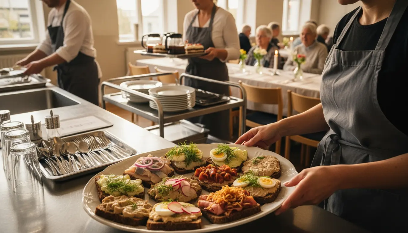 Hænder anretter klassiske smørrebrød i et lyst beboerhus klar til fødselsdagsfrokost.