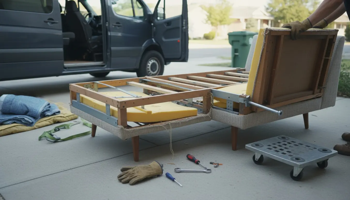 En sidselongsofa skilles ad på indkørslen med værktøj og arbejdshandsker klar til bortskaffelse.