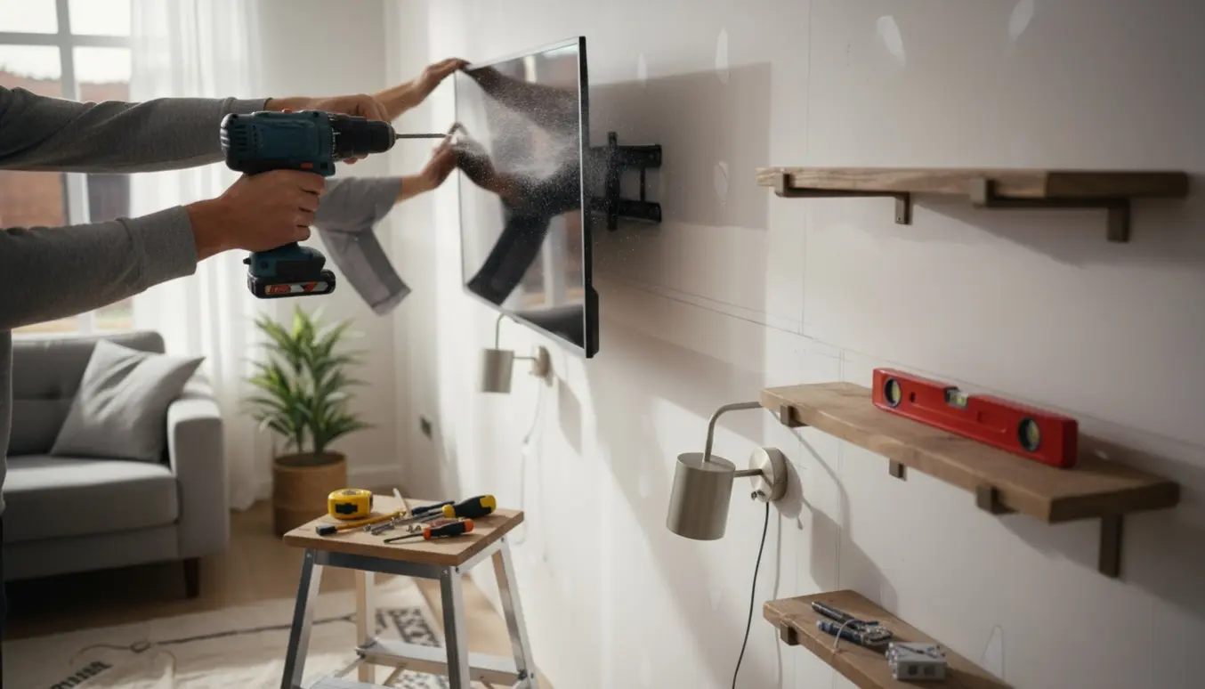 Nærbillede af montering af to lamper, et lille TV og tre hylder på en gipsvæg med værktøj i forgrunden.