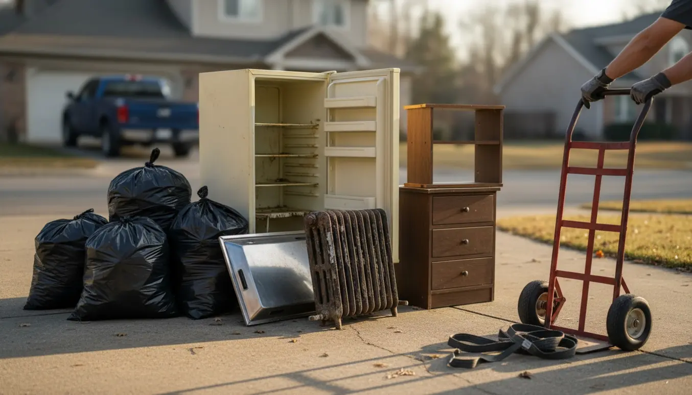 Affald klar til bortskaffelse på indkørsel med sække, køle/fryseskab, radiator og flytteudstyr.