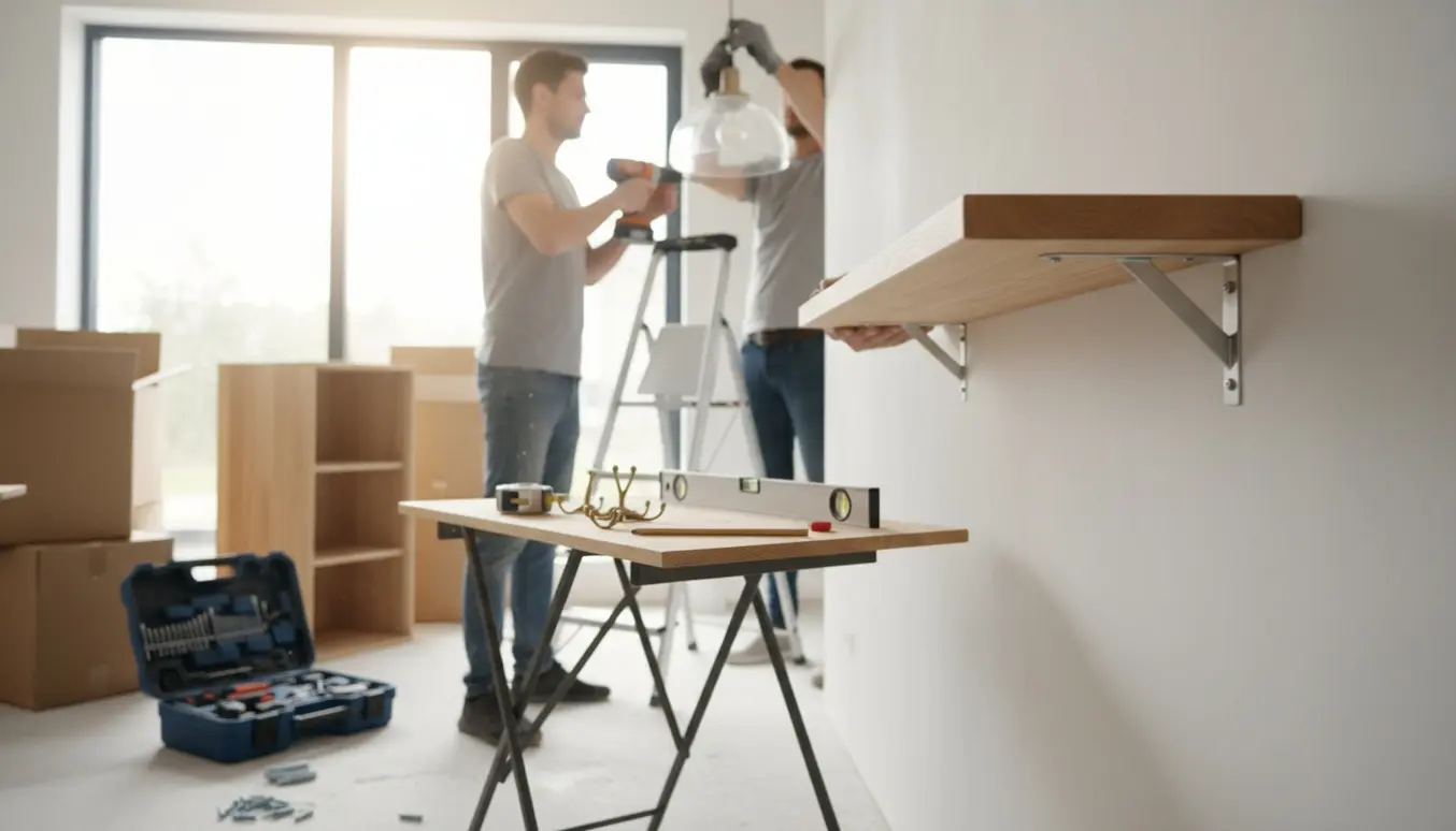 Nærbillede af hænder, der borer og monterer hylder, lampe, knager og et mindre skab under en flytning.