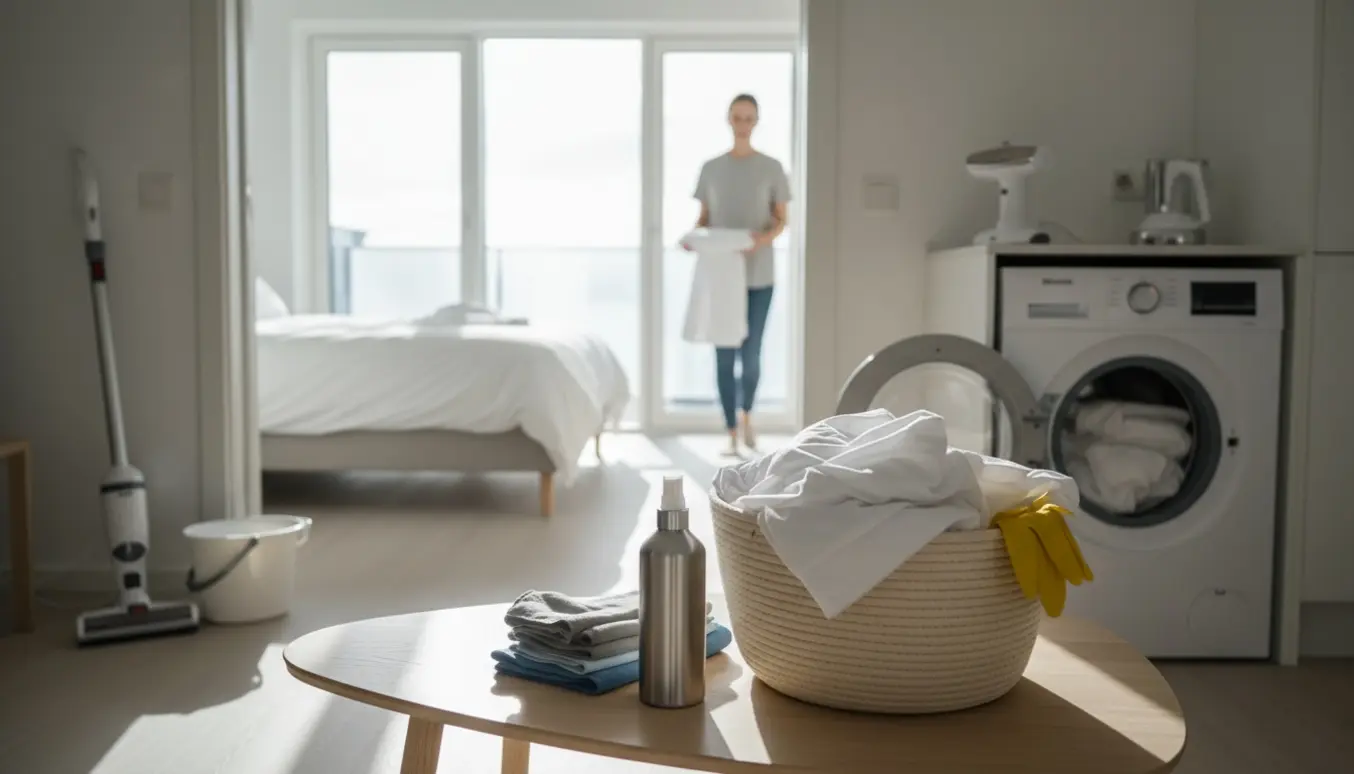 Solbelyst lejlighed med friskvasket sengetøj i kurv og rengøringsudstyr klar til Airbnb-rengøring.