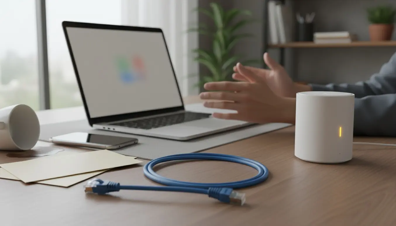 Skrivebord med åben laptop, frakoblet netværkskabel og router med advarselslys, der symboliserer problemer med at sende og modtage e-mails.