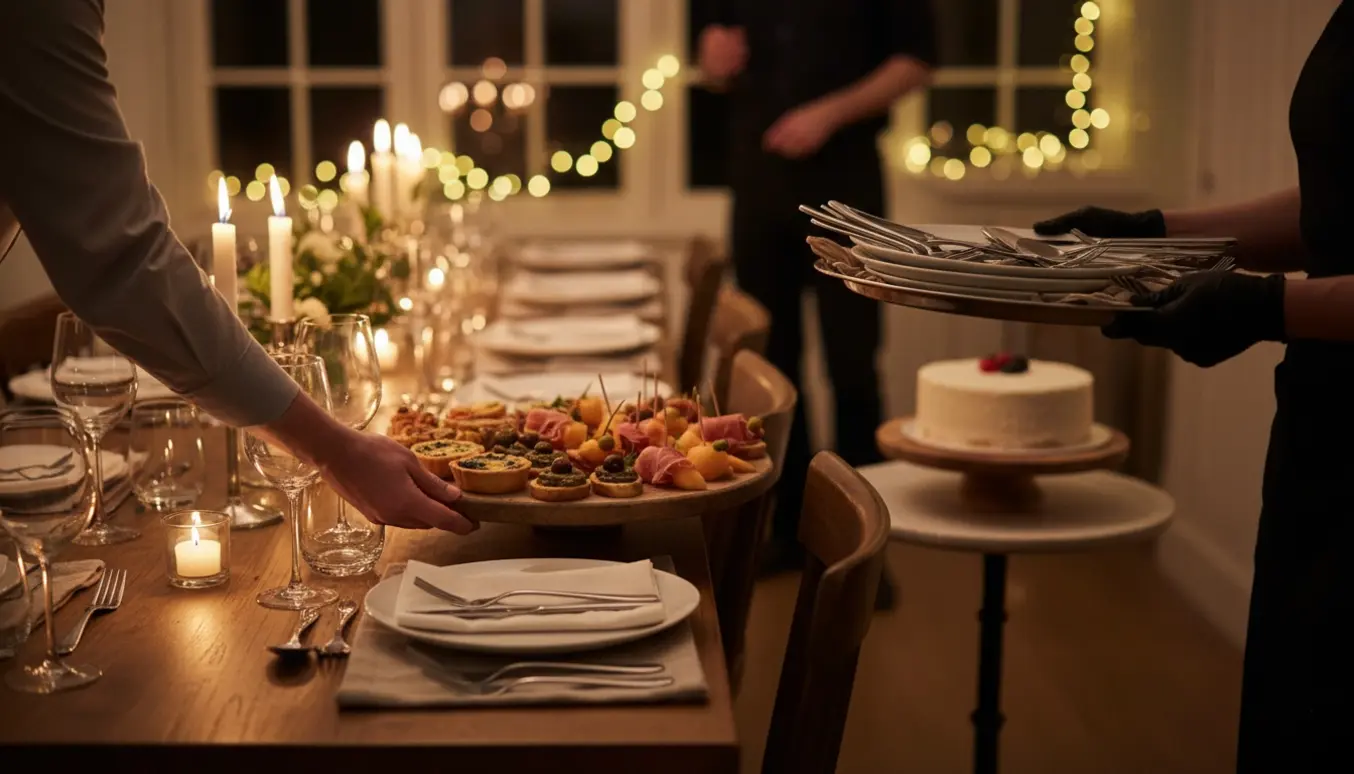 Serveringshjælp anretter småretter og fjerner tallerkner ved en hyggelig fødselsdagsmiddag i aftenskumring.
