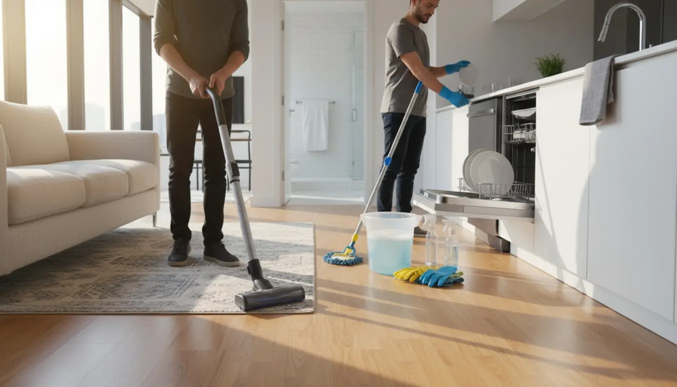 Tre personer rengør en lys, åben lejlighed med støvsuger, åben opvaskemaskine og moppe.