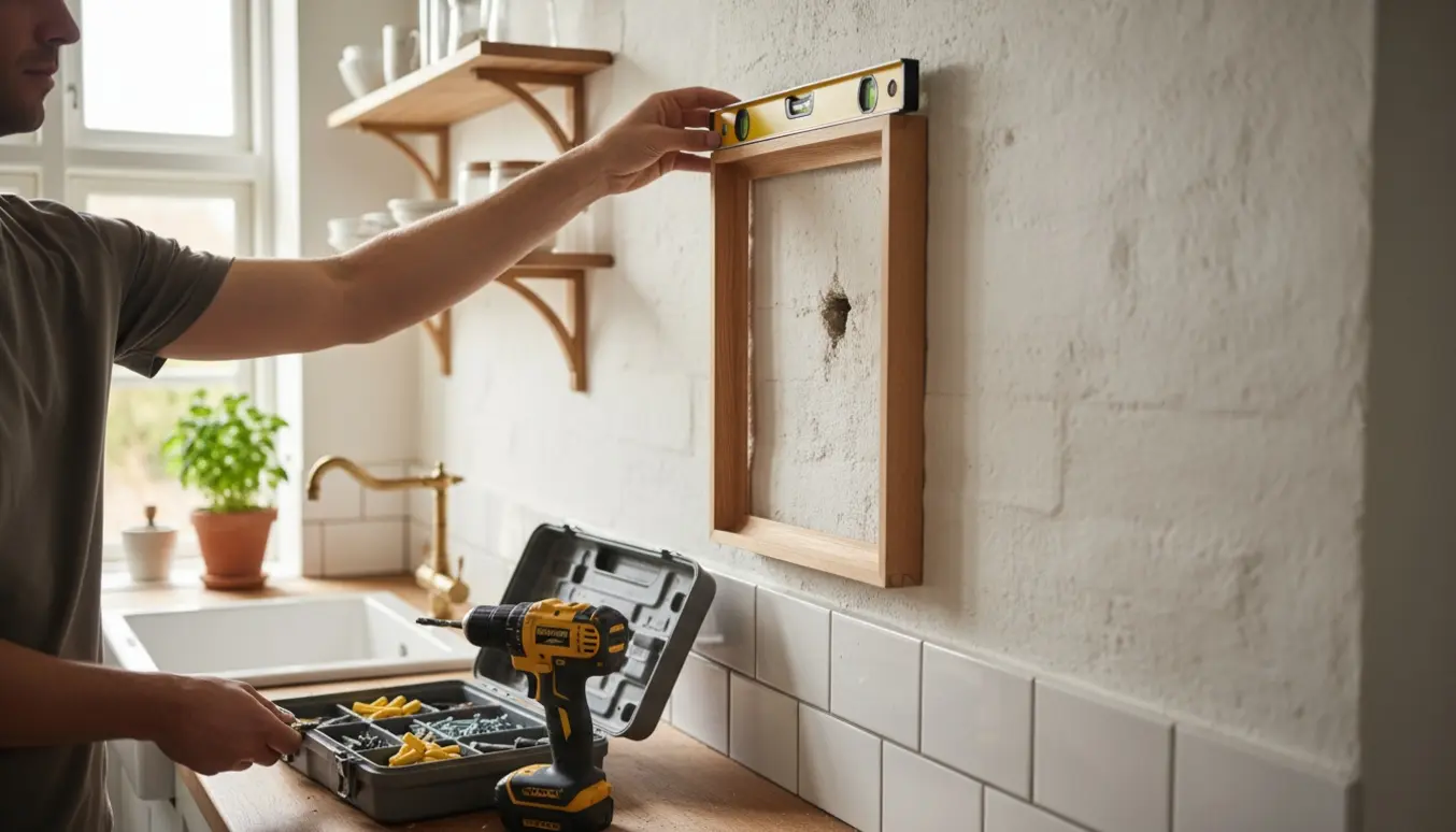 Hænder hænger en billedramme op på en murstensvæg i et lyst køkken med værktøj og rawlplugs på bordet.