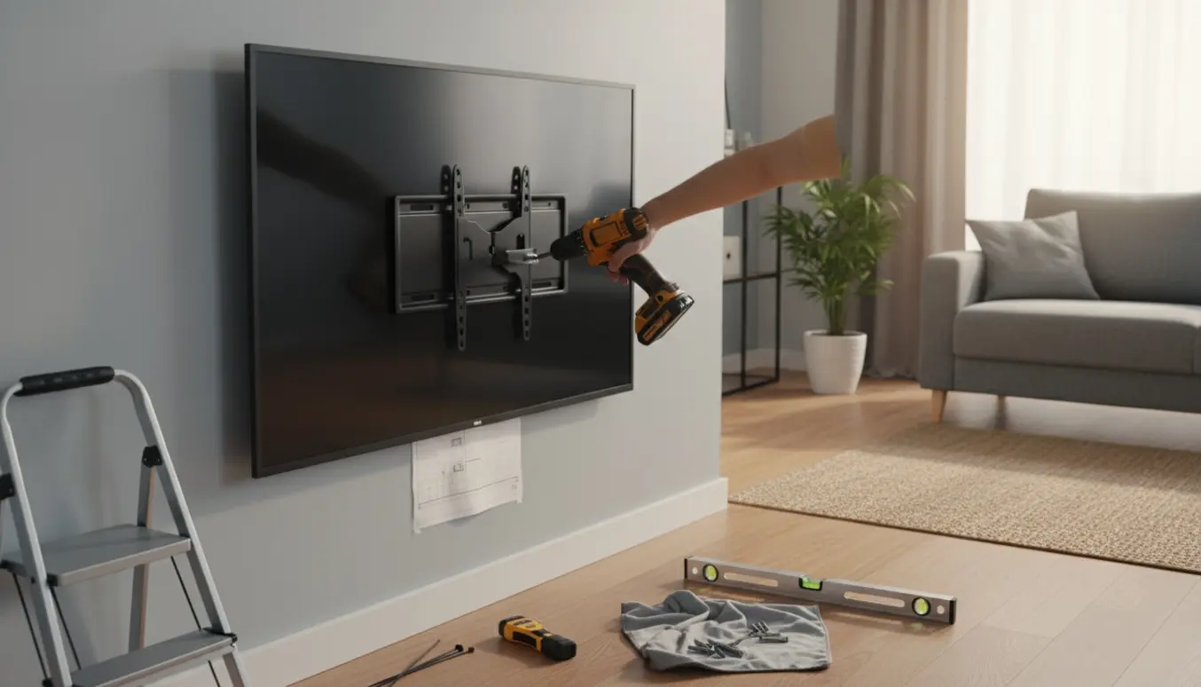 Hænder monterer et fladt-tv på et vægbeslag i en moderne stue.