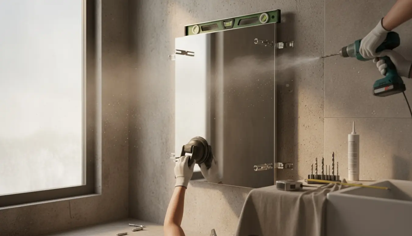 Montering af spejl på en betonindervæg i badeværelse med slagboremaskine og værktøj.