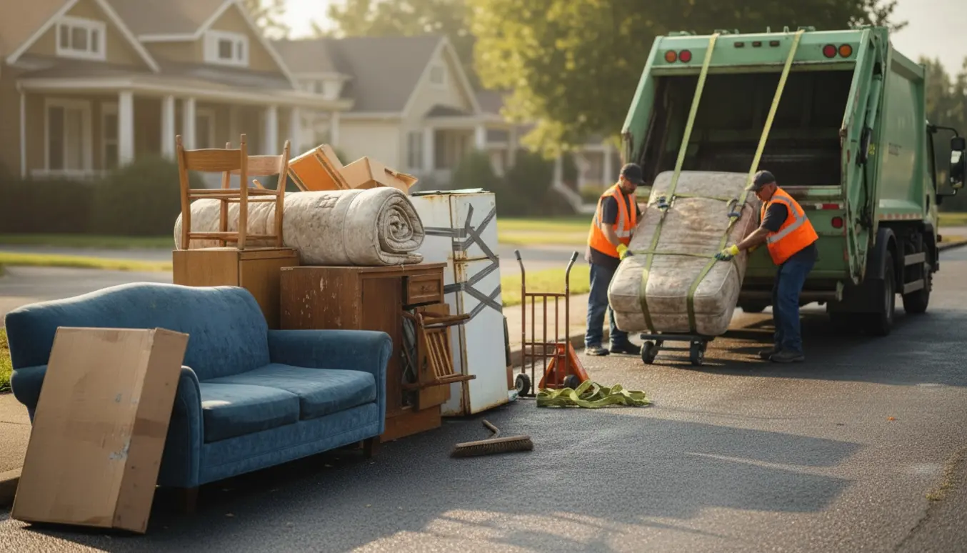 Soloplyst villavej med storskrald ved kantstenen og arbejdere set bagfra, klar til afhentning.