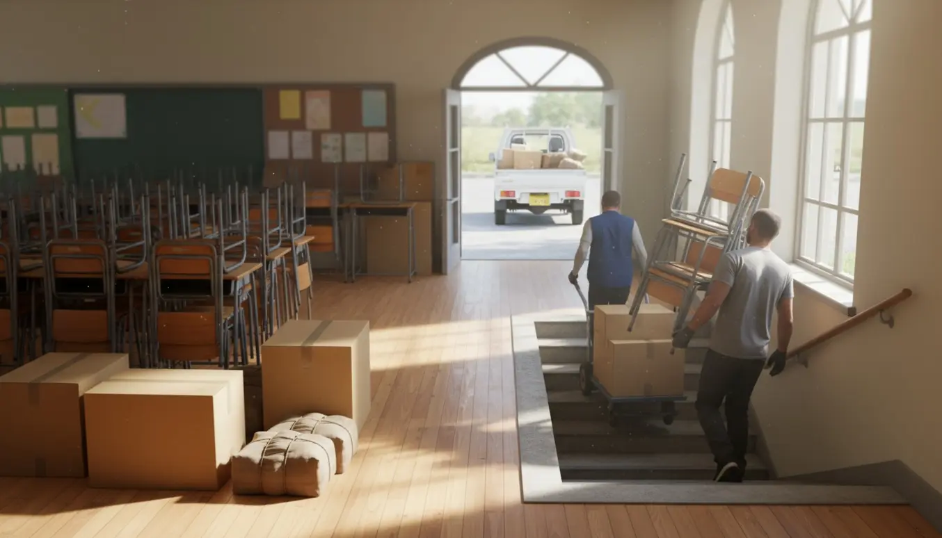 To personer bærer møbler og kasser ned ad trappen i et skolelokale med donations- og genbrugsposer samlet.