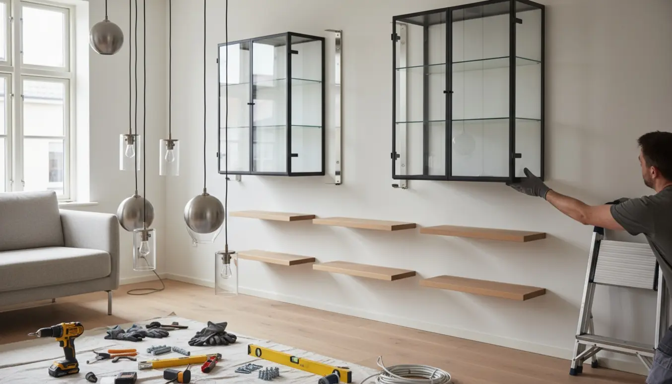 To tunge vitriner og flere væghylder hænges op i et lyst, nordisk rum med værktøj.