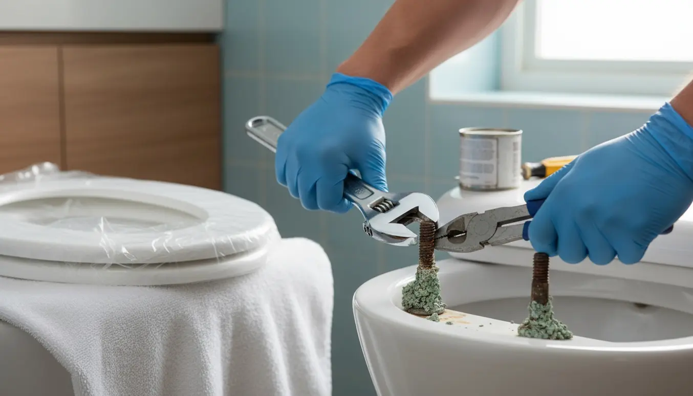 Hænder løsner korroderede toiletbeslag med værktøj, nyt toiletsæde klar ved siden af.