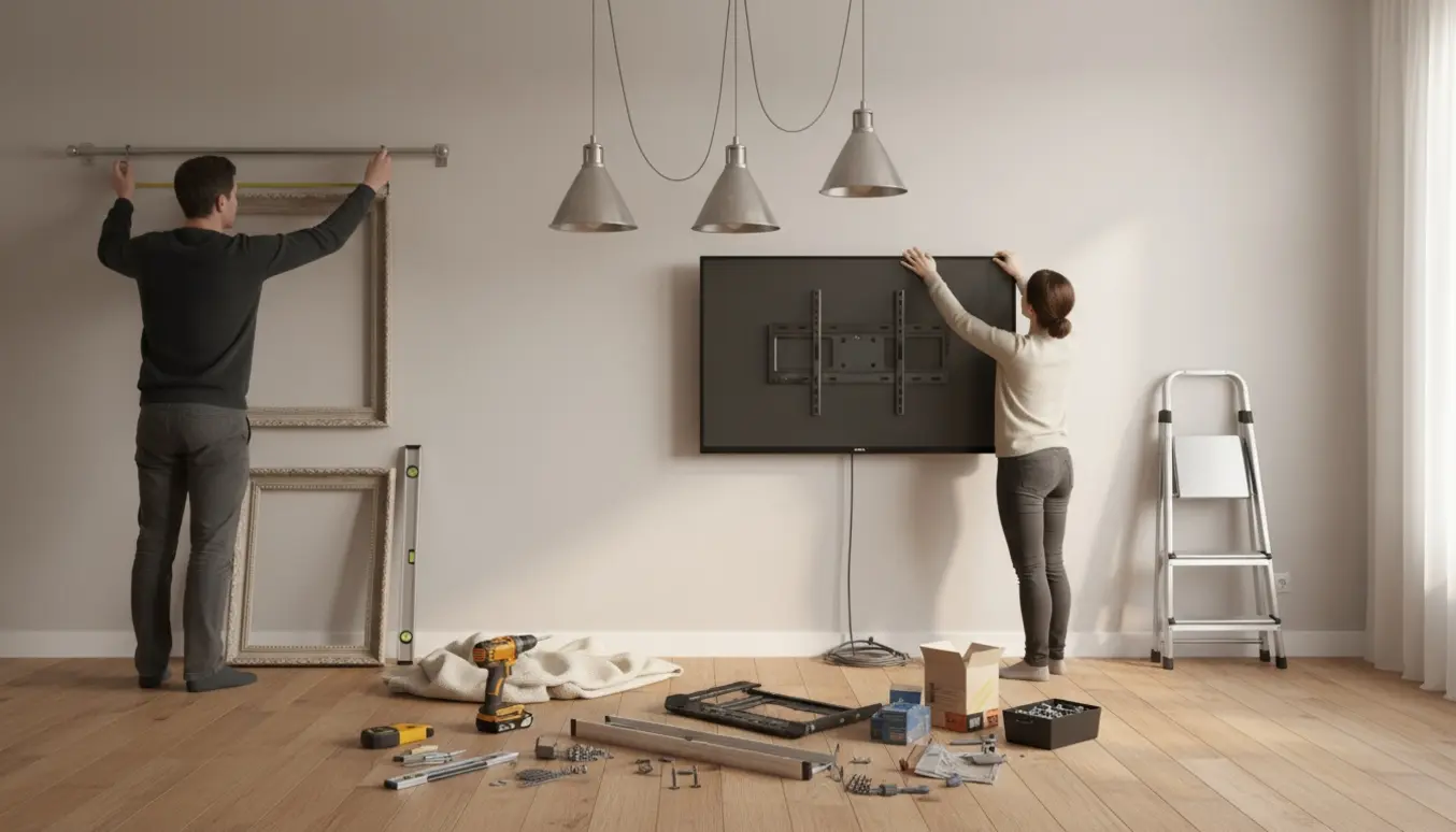 Personer monterer lamper, et væg-tv, billeder og gardiner i en lys, moderne stue.