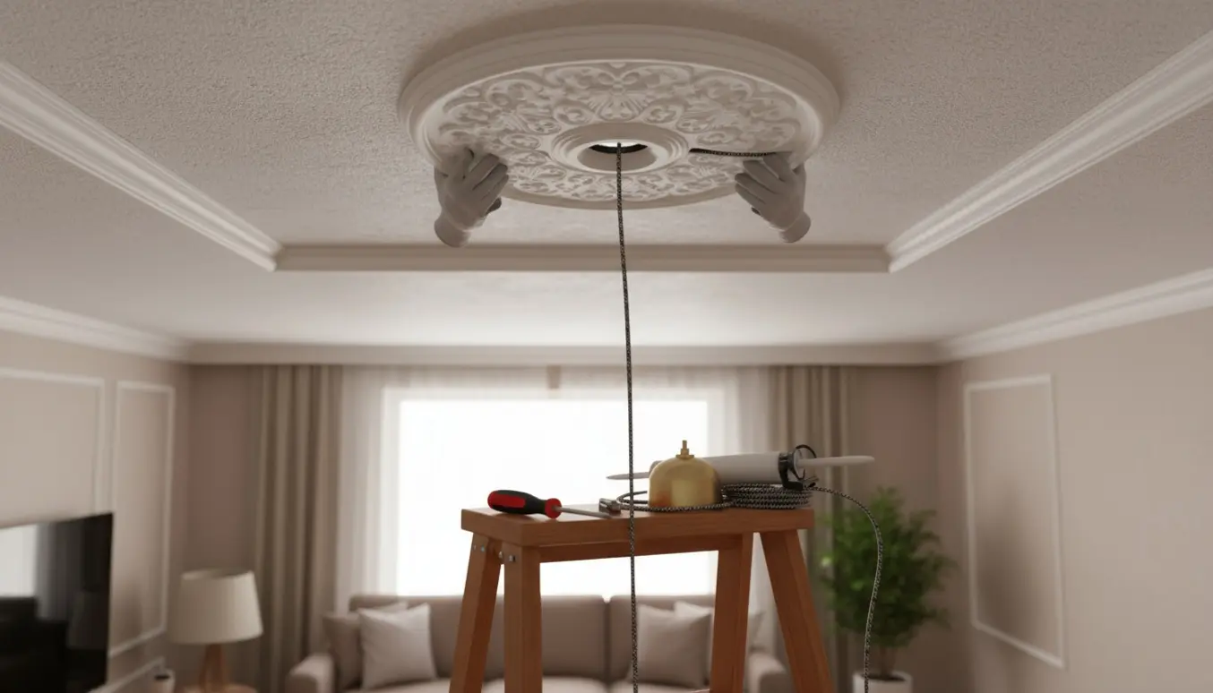 Montering af loftslampe i hvid plastik stukroset, ledning føres diskret ud i siden.