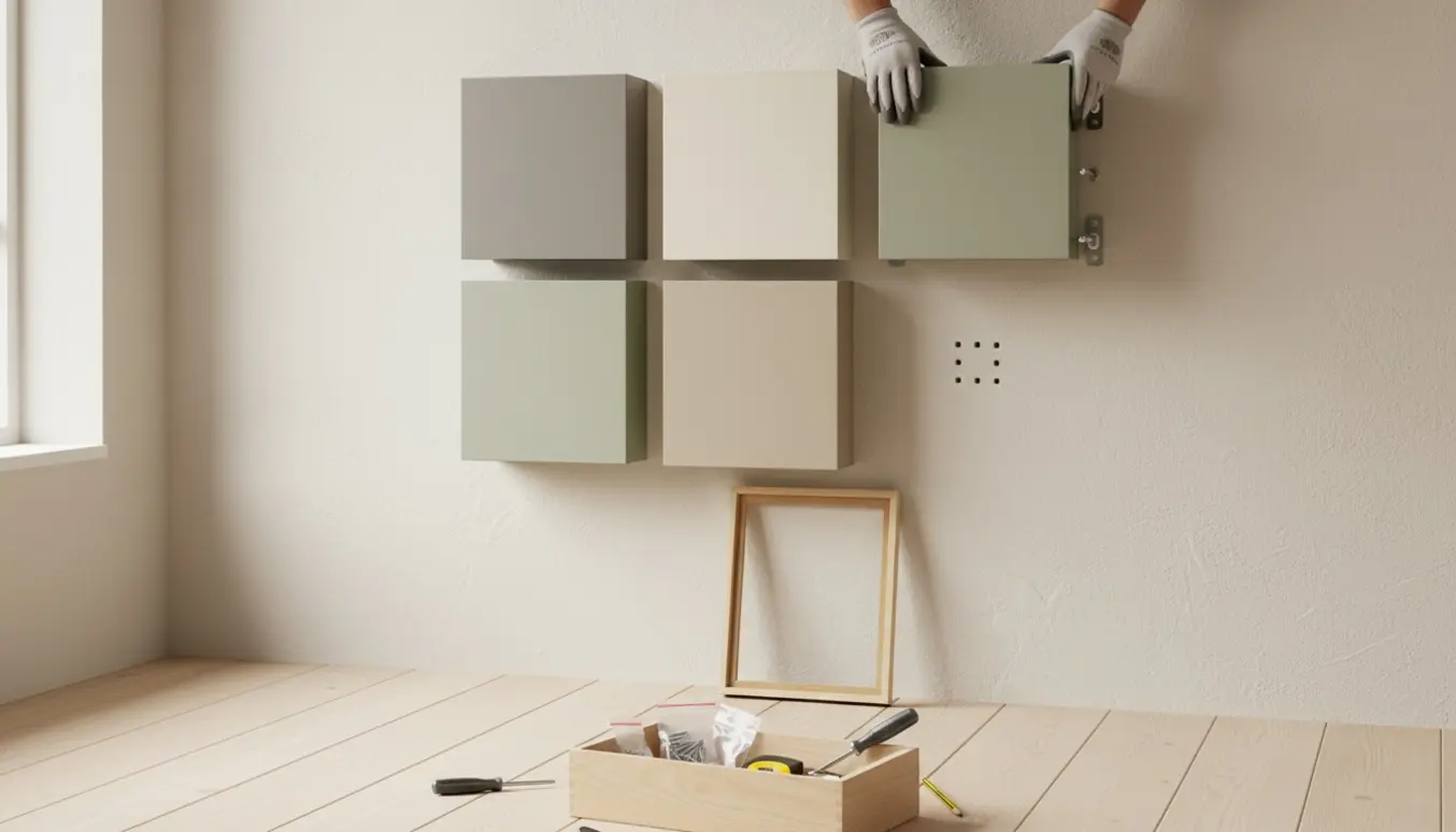 Fire kvadratiske Montanakasser monteret på pudset træværk med værktøj og fire mærkede huller til et billede.