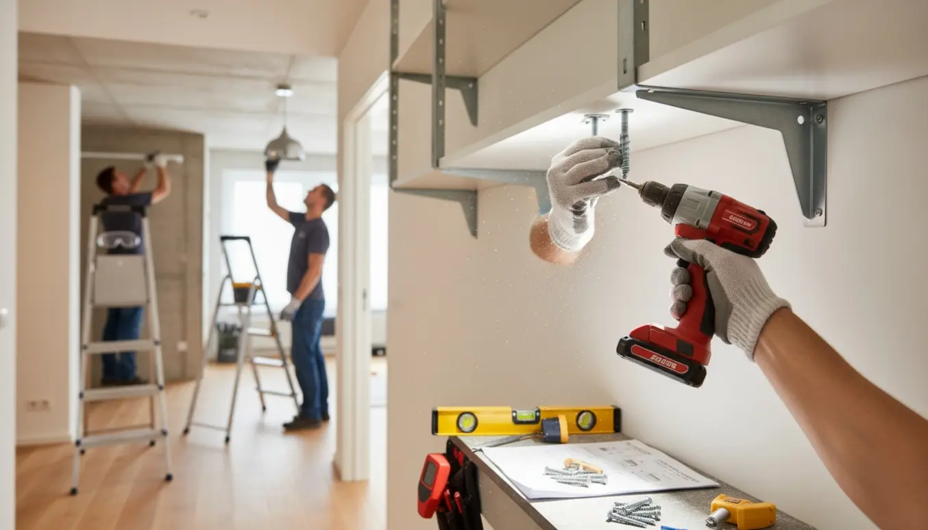 Håndværker monterer tungt reolsystem i gipsloftet med værktøj, stige og lampeinstallation i baggrunden.