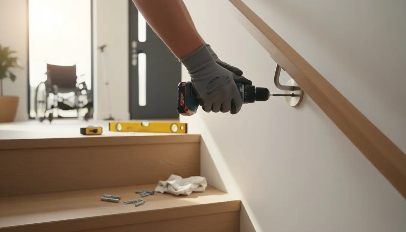 Nærbillede af montering af armlæn på en indendørs trappe med boremaskine og sammenfoldet kørestol i baggrunden.