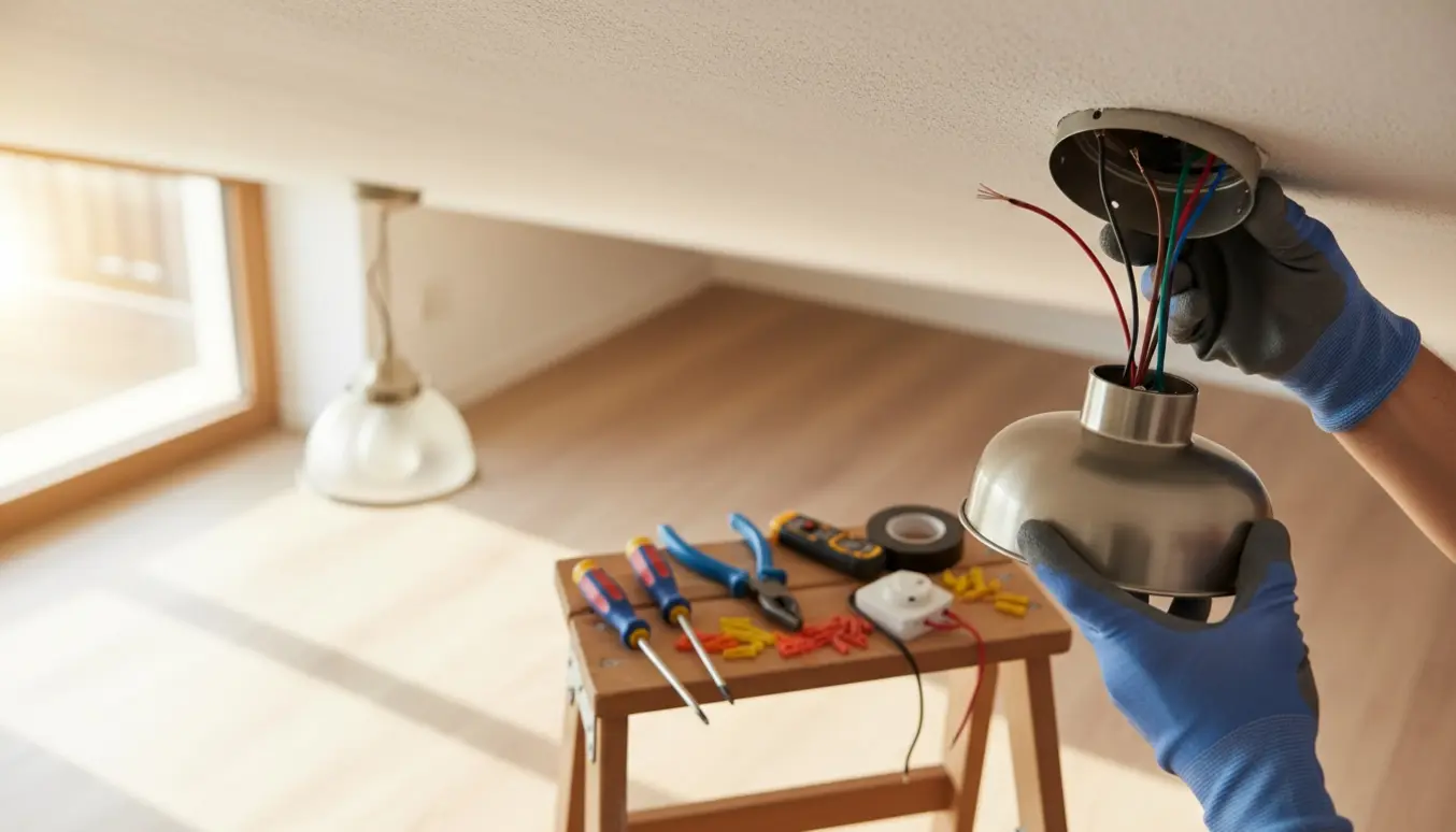 Nærbillede af hænder, der monterer en ekstra loftlampe og forbereder tilslutning af en lysdæmper ved et åbent el-udtag.