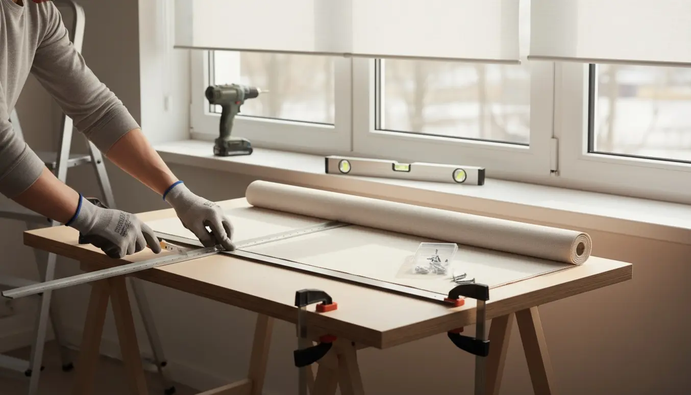 To rullegardiner bliver monteret og afkortet ved et vindue med værktøj og hænder i arbejde.