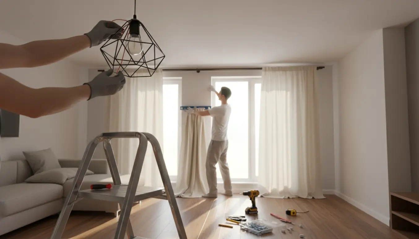 Hænder monterer en loftlampe og sætter en gardinstang op ved et solfyldt vindue i et lyst, moderne rum.