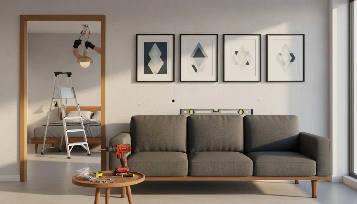 Fem billeder hængt over en sofa i en stue, med værktøj og en stige i baggrunden hvor en lampe monteres.