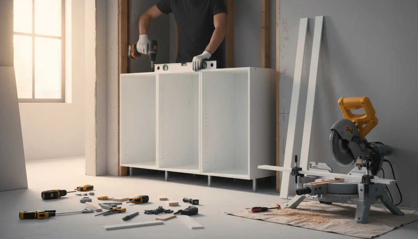 Fem indbyggede IKEA-skabes karosserier monteres i en væg med værktøj og lister.