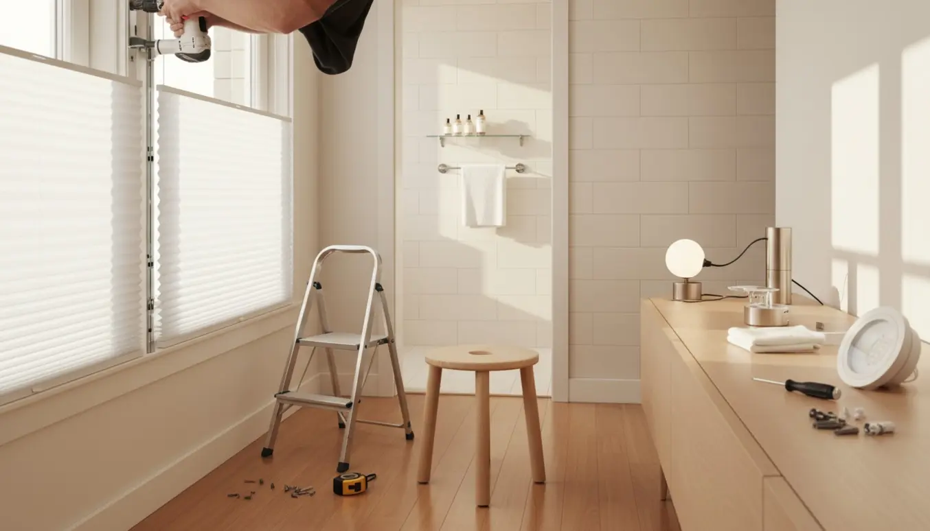 Nærbillede af hænder, der monterer en plissegardin ved et vindue med værktøj, badeværelseshylde i baggrunden og tre lamper klar til opsætning.