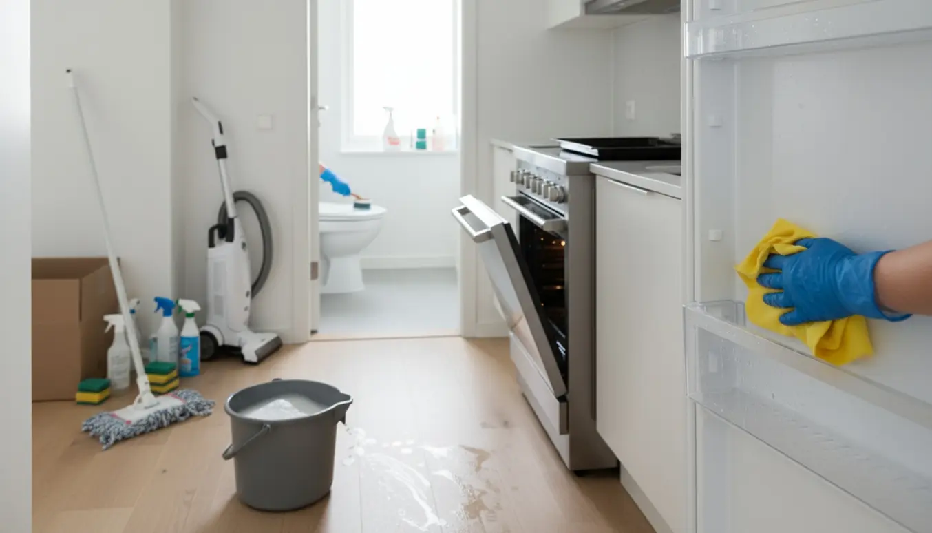 Rengøring af tom ejerlejlighed med moppe, åben køleskabshylde og rengøringsmidler.
