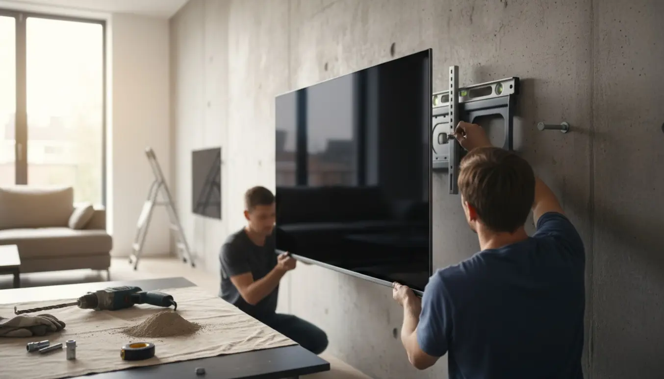 To personer monterer et tyndt 65 tommer OLED-tv på en betonvæg med originalt vægbeslag og hammerbor.