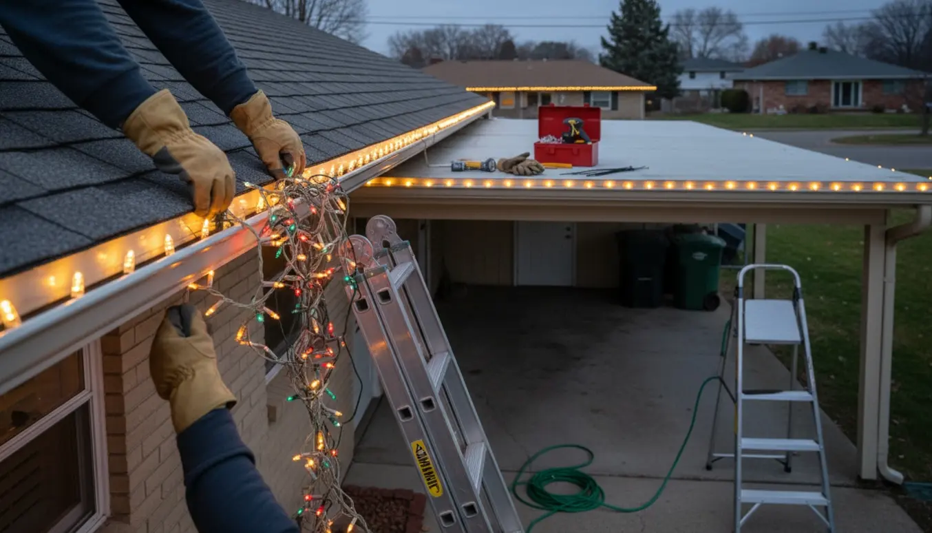 Hus og carport får nye julelys langs tagrenden, mens gamle lyskæder fjernes.