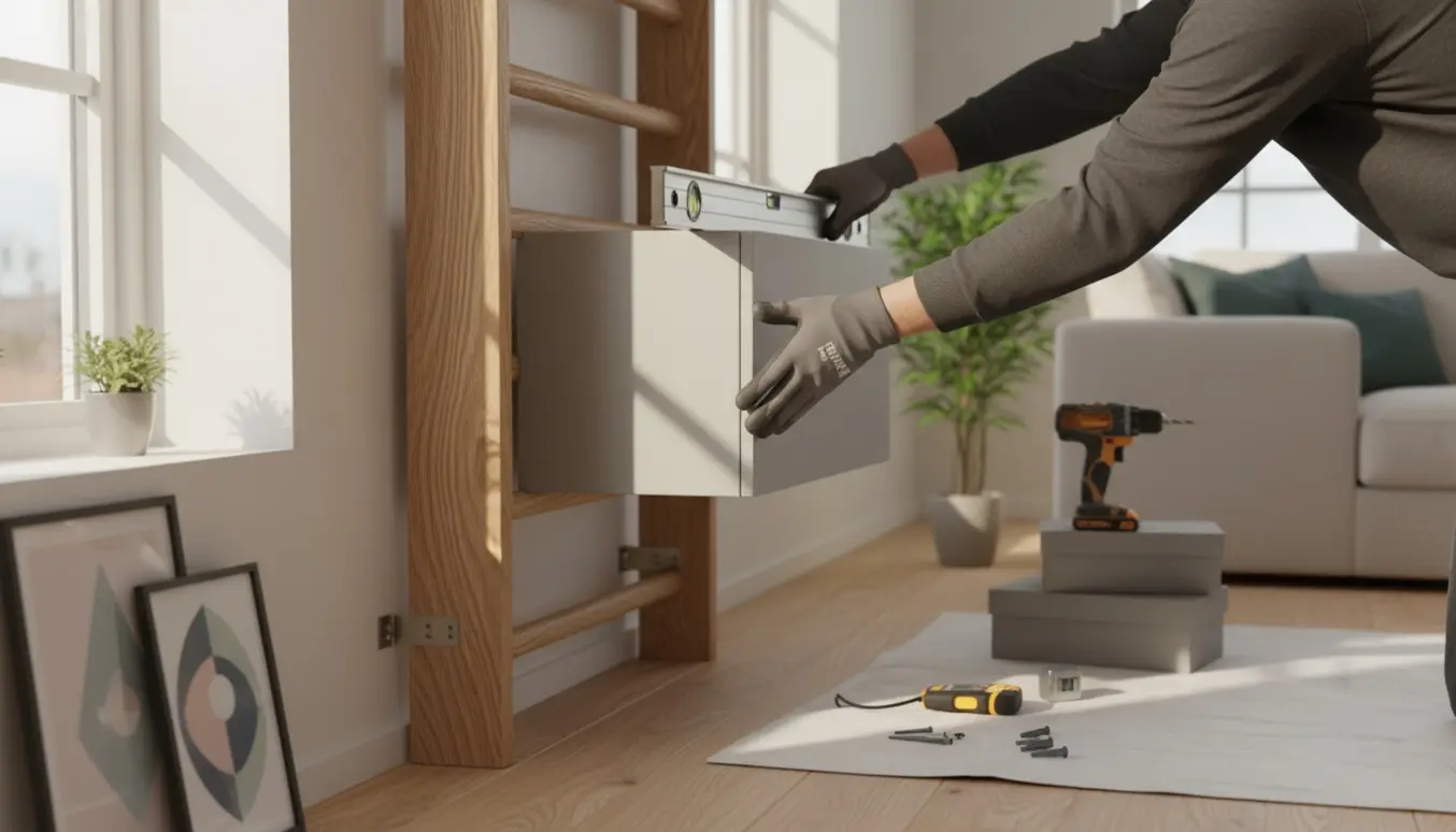 Installerer en ribbe og et Montana vægmodul i en lys, skandinavisk stue med værktøj og skokasser klar ved siden af.