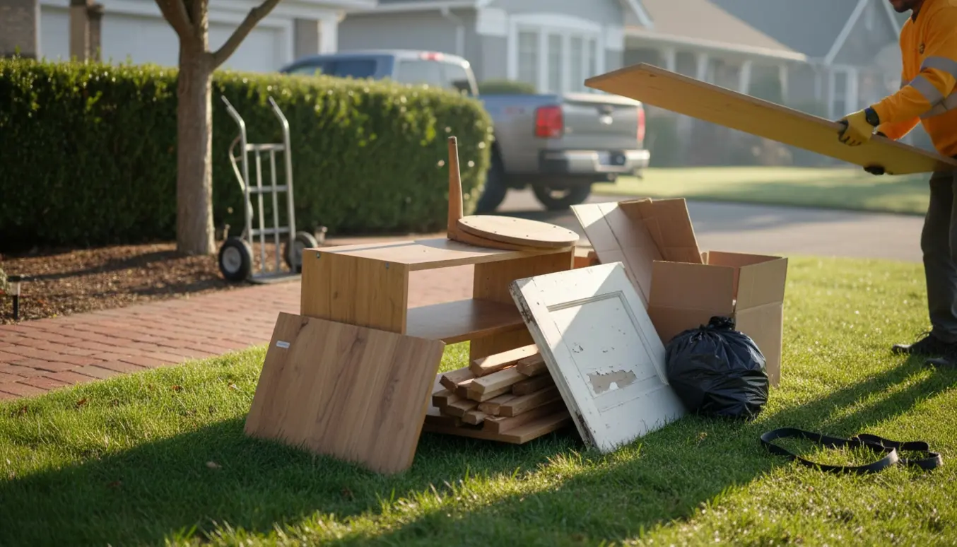 Bunke med blandet storskrald og overskydende indendørs træ på en forhave klar til afhentning.