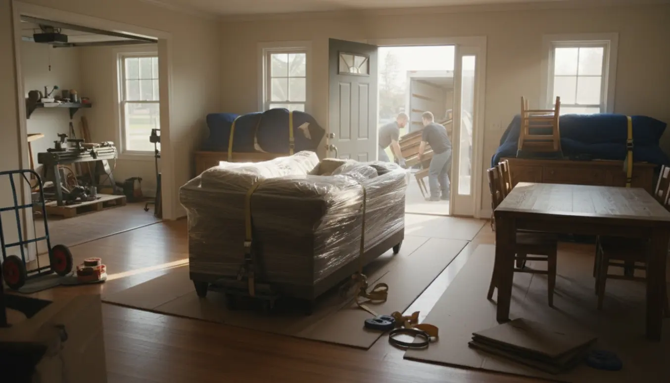 Store møbler som sofa, skænk og klaver bæres gennem døren og læsses på en flyttebil.