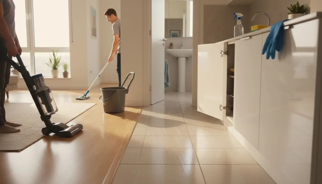 Rengøringsscene i lejlighed med støvsuger, moppespand og aftørrede køkkenskabe i blødt morgenlys.