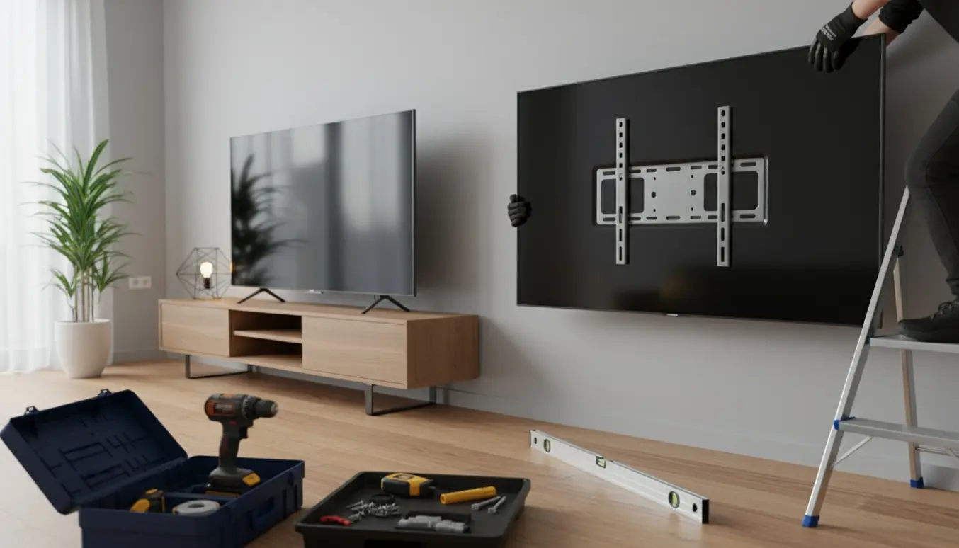 To fladskærms-tv monteres i en lys stue, ét allerede ophængt og ét fastgøres med værktøj og handsker.