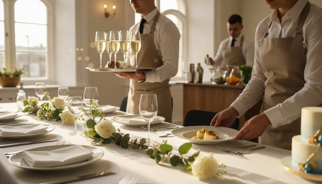 Serveringspersonale sætter glas og anretninger på bordet til en lys og elegant konfirmationsreception.