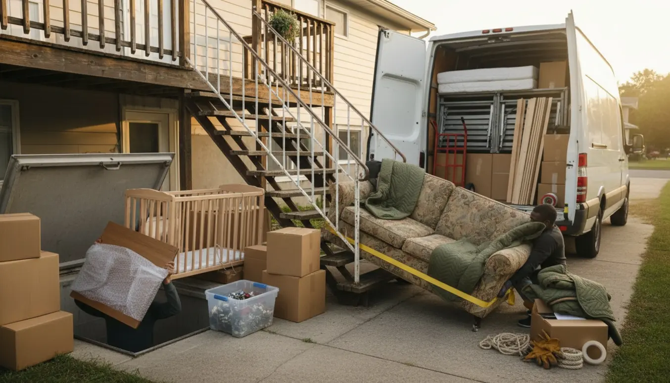 Personer bærer en sofa ned fra 2. sal, mens bordplade, babyseng og kasser flyttes fra kælderen mod en åben varebil.