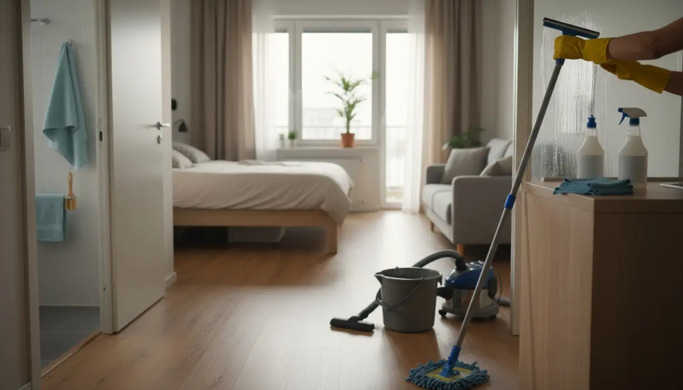 Hænder i gule handsker pudser vindue i en lys, lille lejlighed med moppe, spand og støvsuger i forgrunden.