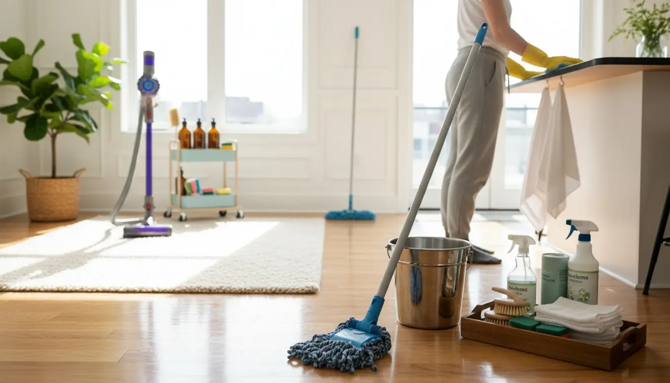 Lyst hjem under hovedrengøring med moppe, støvsuger og rengøringsmidler, uden synlige ansigter.