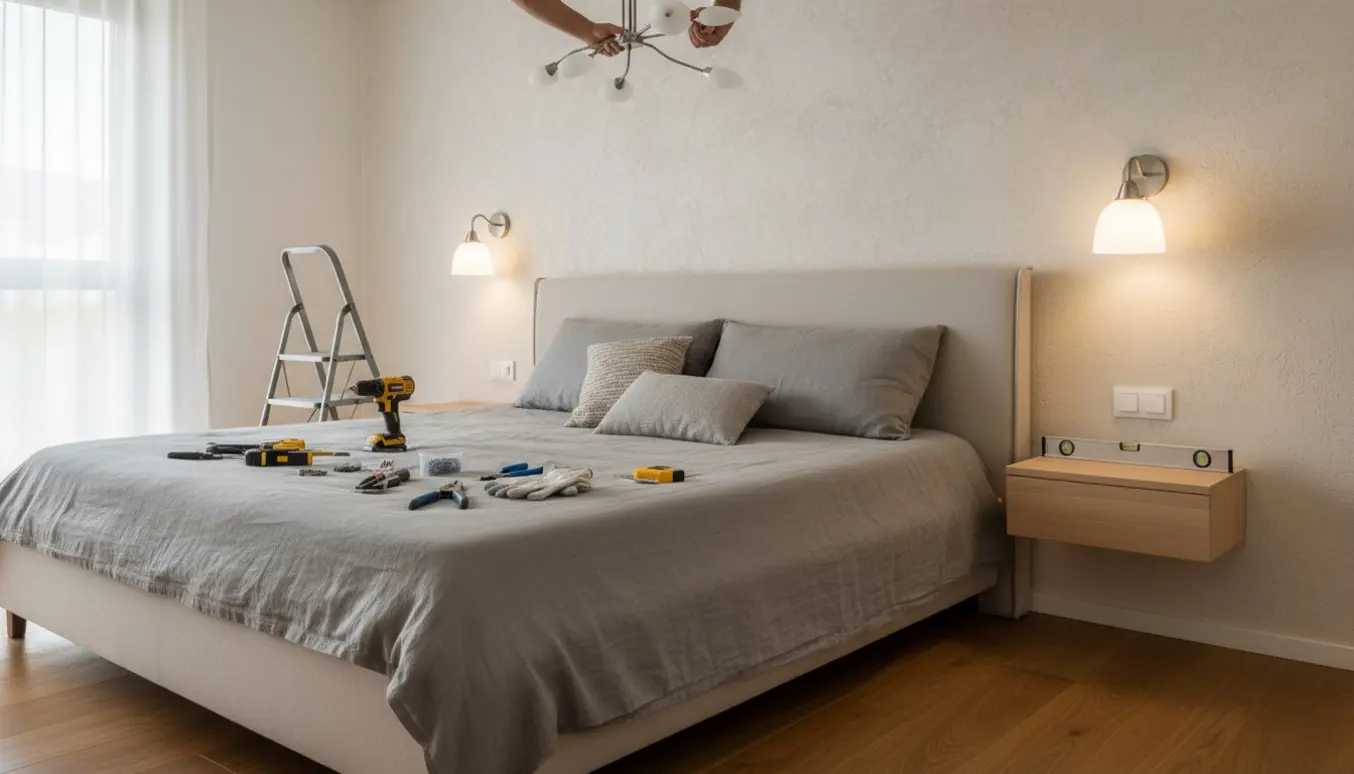 Hænder monterer en loftlampe, to væglamper og to små flydende natborde i et lyst soveværelse.