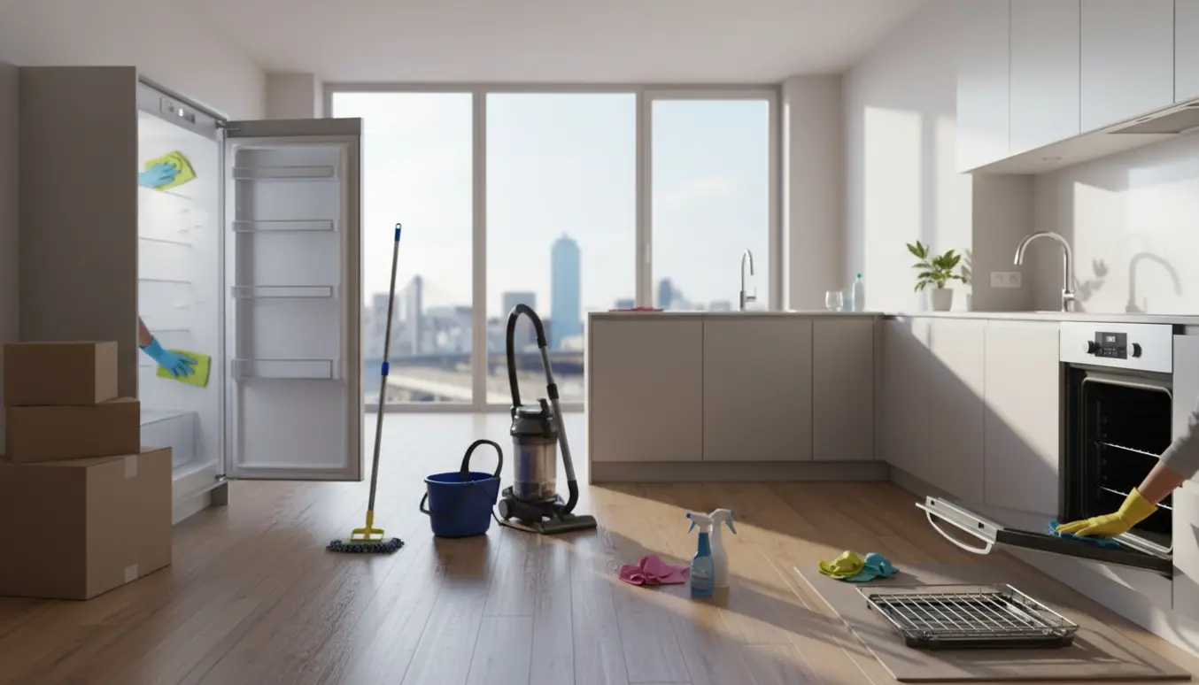 Flytterengøring i lys, tom lejlighed med åben ovn og køleskab og rengøringsudstyr i brug.