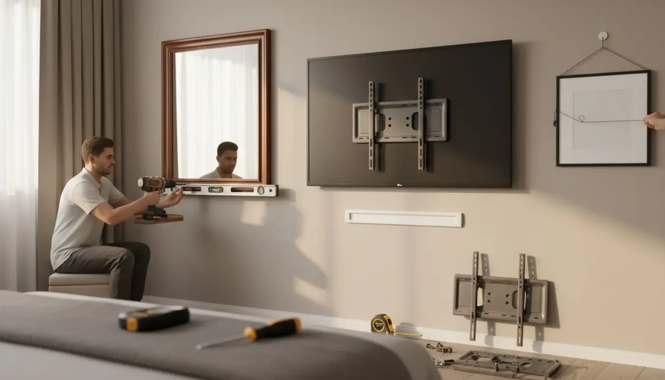 Håndværker monterer et vægmonteret tv, et spejl og et billede i et lyst soveværelse med værktøj og rawlplugs synlige.