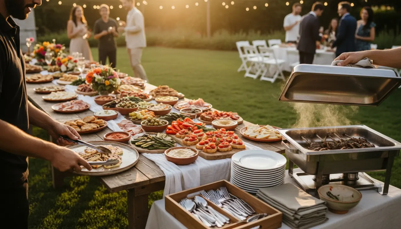 Hænder anretter tapas på et havebord til konfirmation med fade, varme gryder og elegant borddækning.