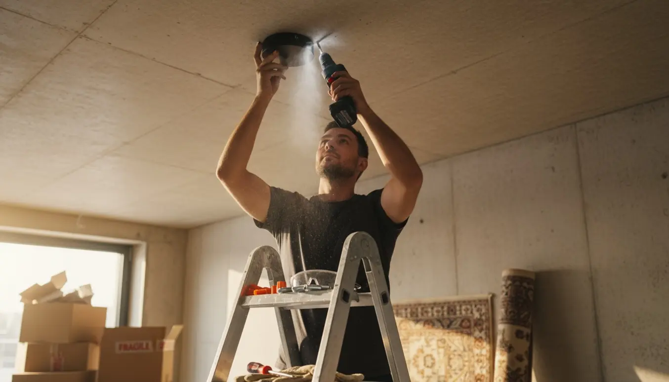 Montering af loftslampe i en nyligt indflyttet lejlighed med betonvægge og brug af slagboremaskine.