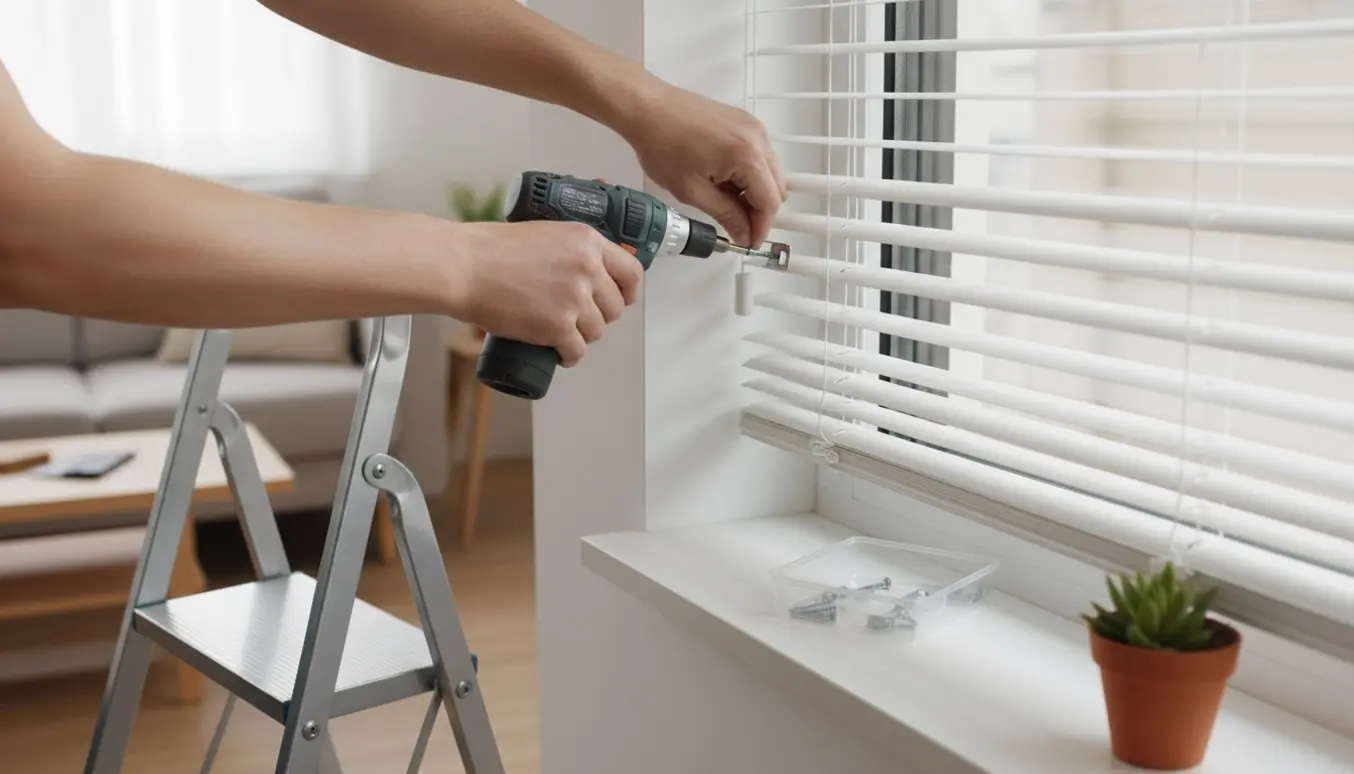 Hænder genopsætter en nedfalden 60 cm persienne ved et vindue med skruetrækker og lille trappestige.