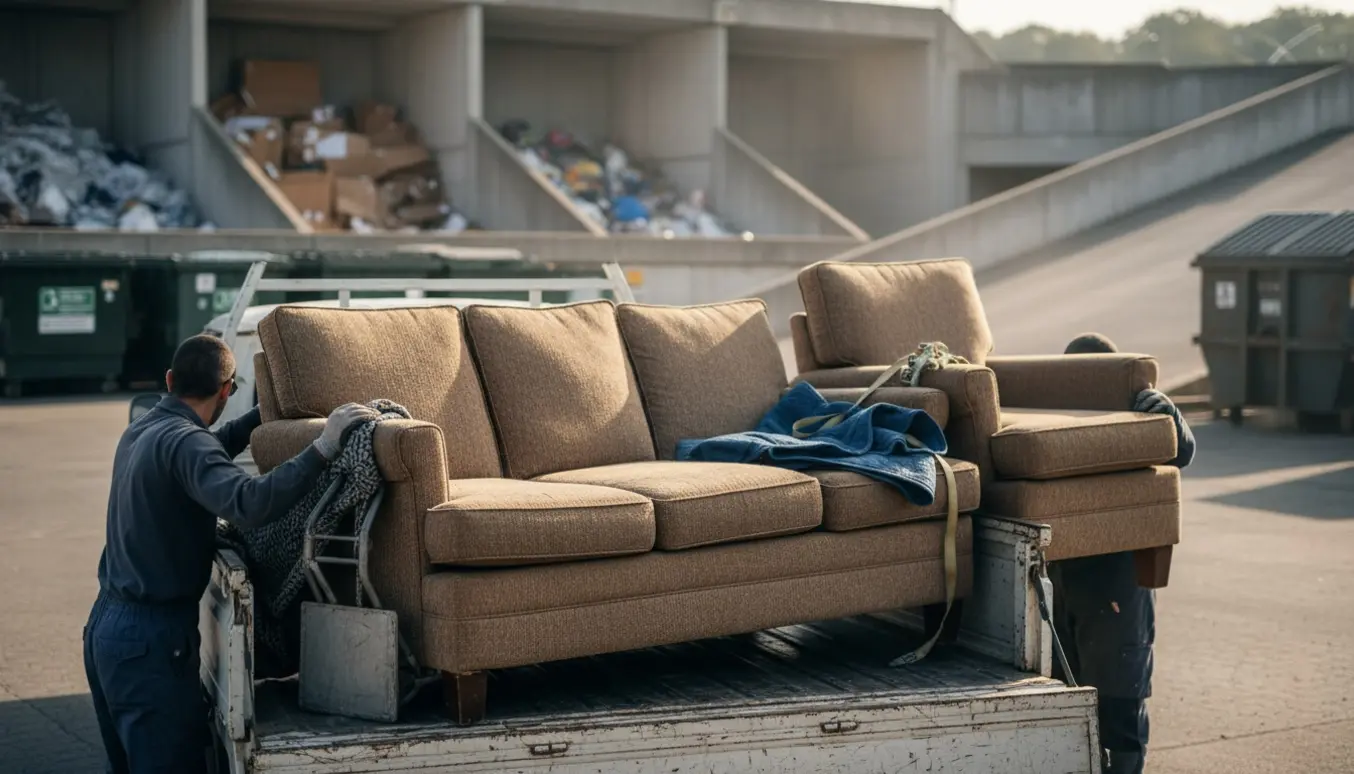 To personer læsser en slidt sofa og lænestol op på en pickup ved genbrugspladsen.