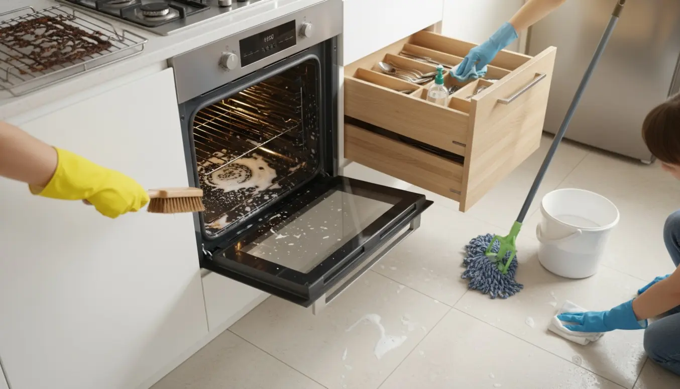 Hænder i gummihandsker skrubber en åben ovn, tørrer en køkkenskuffe af og vasker gulvet i et moderne køkken.