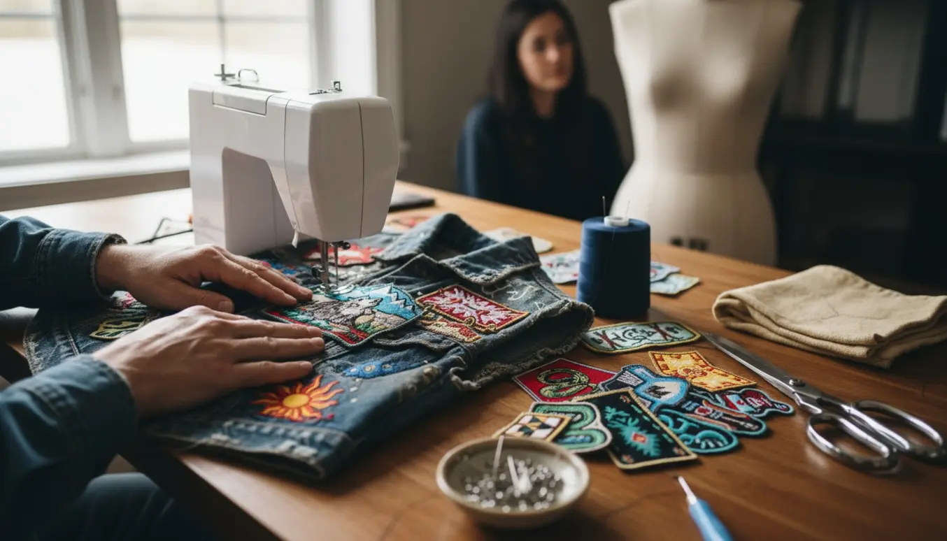 Nærbillede af hænder, der syr stofmærker på en cowboyvest ved en symaskine i blødt dagslys.