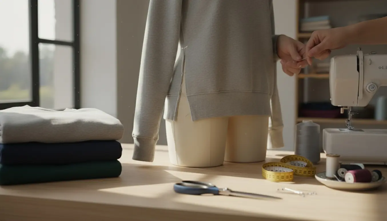 Skrædderværksted med sweatshirt på buste, nåle i sidesømmen og symaskine i baggrunden.